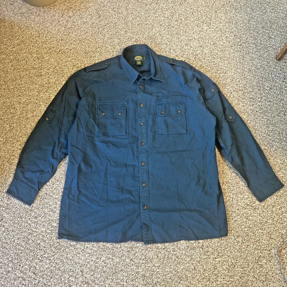 Cabelas Mens Long Sleeve Button Up Shirt Size 2XLT Blue Cotton Pockets Outdoors